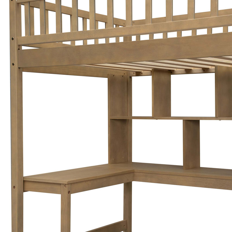 Lit mezzanine simple en bois avec bureau intégré, DEL, tablettes de rangement, armoires et escalier, Noyer