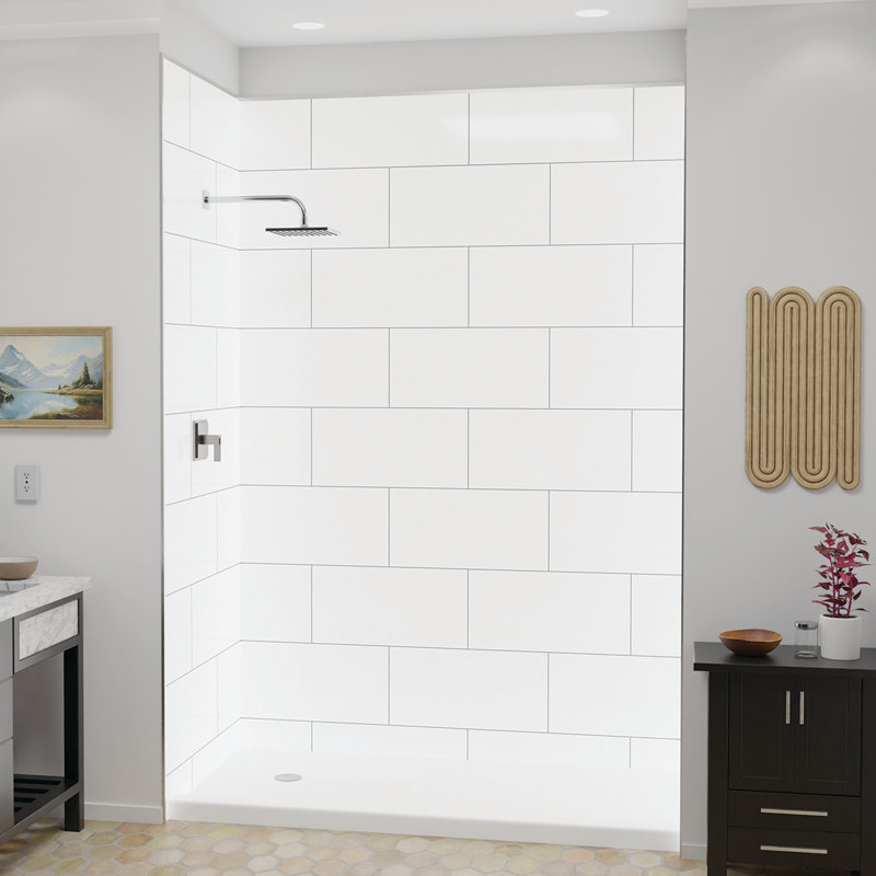 FlexStyle 60" x 36" x 80" White and Gray Block Shower Wall Surround with Brushed Nickel Trim