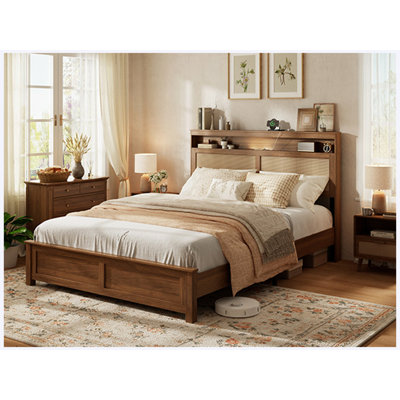 Lit Queen Size avec tête de lit en rotin et lampes de lecture DEL intégrées, lit plateforme style ferme moderne avec étagère de rangement, sommier non nécessaire pour la chambre