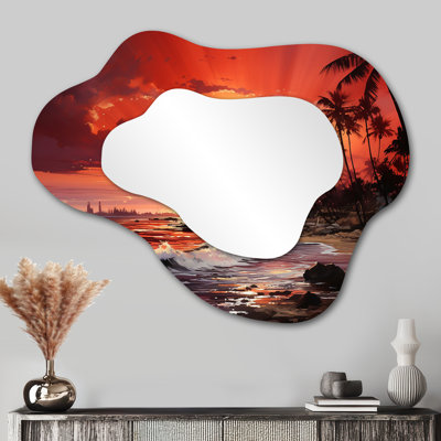 Urie Palm Tress By The Sea At Sunset I - miroir mural décoratif asymétrique rouge, miroir traditionnel en nuage, impression sur métal