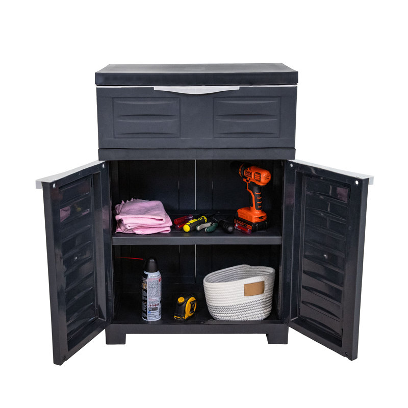 Storage Cabinet with Adjustable Shelf and Top Drawer, Charcoal/Gray Trim