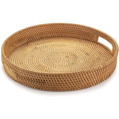  YANGQIHOME Round Rattan Tray for Countertop, Tabletop, Coffee Table, 11.8 inch
