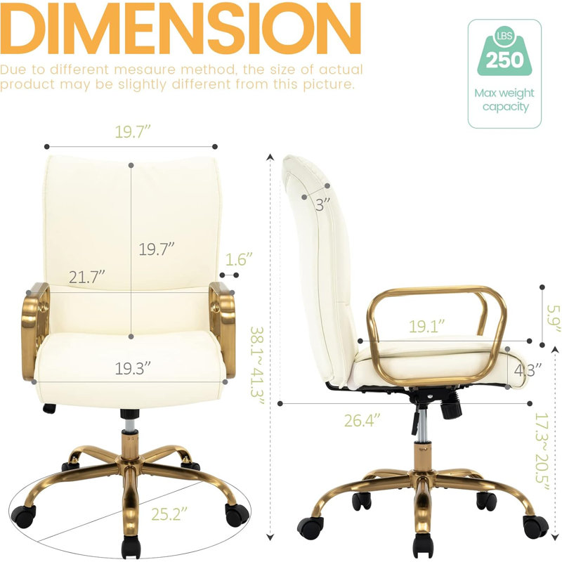 Chaise de bureau moderne rembourrée en cuir de polyuréthane à dossier moyen avec accoudoirs et fauteuil pivotant réglable