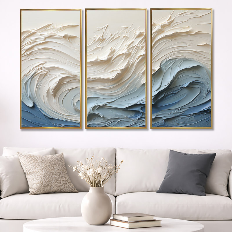 Ensemble d'art mural Clareen - vagues côtières (ensemble de 3), Cadre flottant doré, H 40 po x l 60 po x P 1 po