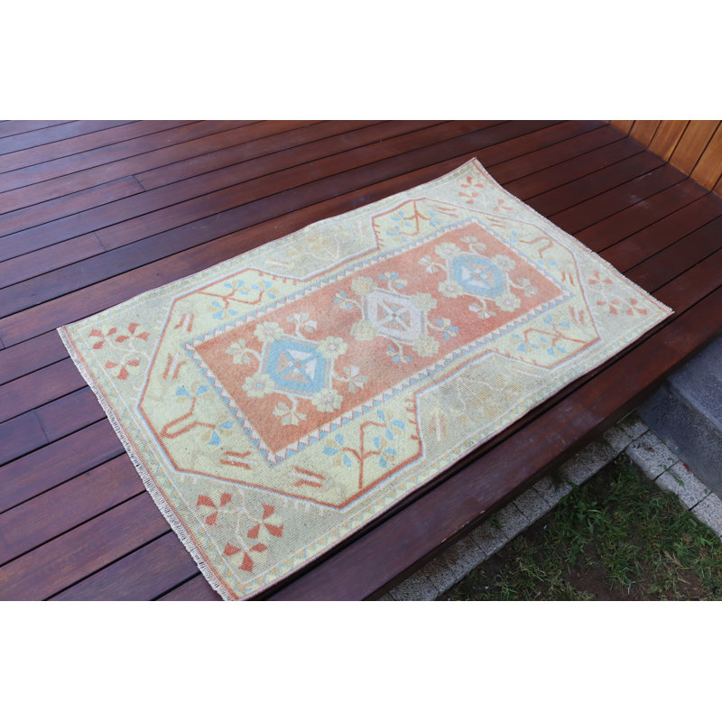Tapis turc rétro orange pour décor de vestibule tissé à la main dans un style nomade, idéal pour les petits espaces et les thèmes bohémiens