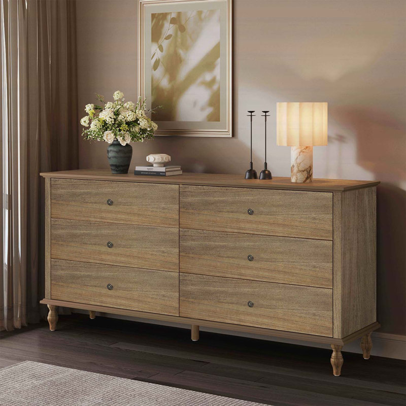 Commode à 6 tiroirs avec glissières à fermeture automatique, poignées en cuivre et métal pour un rangement sécuritaire et élégant
