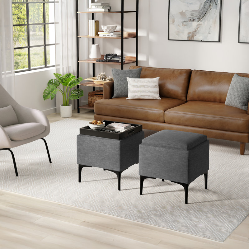 Natasha 18"W Upholstered Square Storage Ottoman with Tray Top and Metal Legs, Slate Gray
