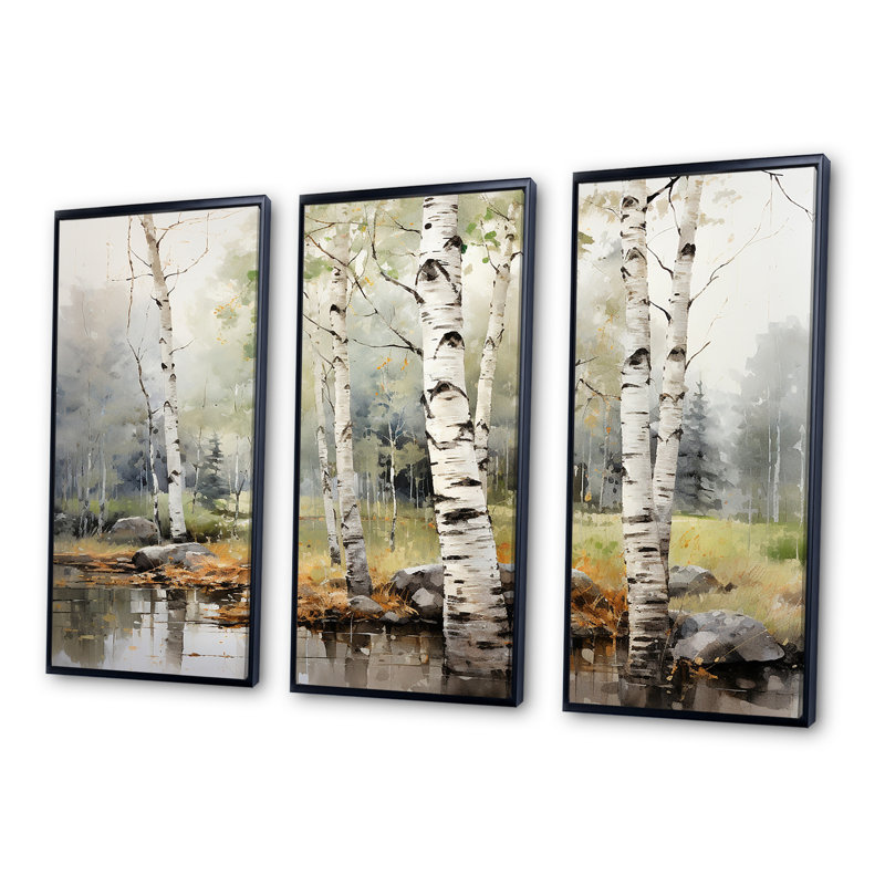 «Green Birch Wood Beauty I - Tree Birch», ensemble d'art sur toile, H 32 po x l 48 po x P 1 po, Cadre flottant noir