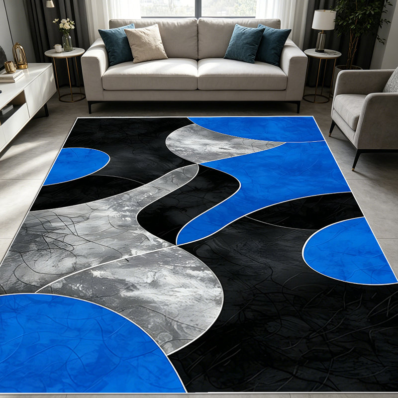 1PC Modern Abstract Wavy Irregular Blue Black Grey Contour Art area rugs for Living Room, Soft and Comfortable, Suitable for all seasons, easy-to-maintain, machine washable Indoor floor mat, Under Table Farmhouse suitable for living room, bedroom,