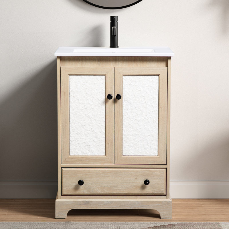 Base de meuble-lavabo en bois de 24 po de largeur, facile à installer, sans lavabo, robinet, poignées ou dessus, charnières dissimulées réglables à six voies avec fermeture en douceur et portes d'armoire florales