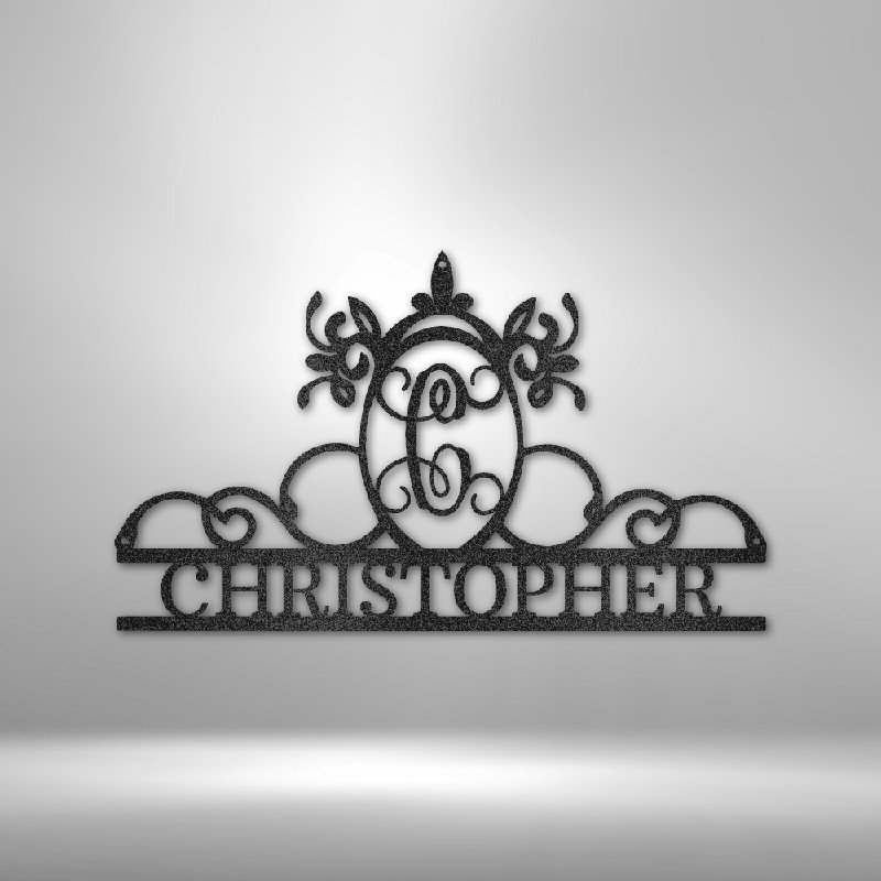 Monogramme personnalisé en acier avec initiales et nom, H 34,25 po x l 35,5 po x P 0,5 po, Oui, Noir