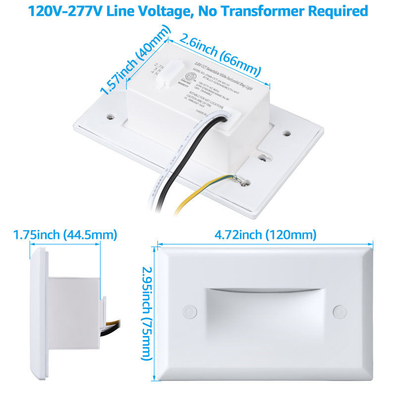 Éclairage de marches à intensité variable 3CCT 120-277V à DEL, 2700K / 3000K / 4000K sélectionnable, 2,5W lumière d'escalier verticale, IP65 imperméable, blanc