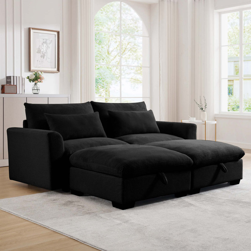 Canapé à deux places en velours côtelé avec 2 repose-pieds de rangement, canapé modulaire à 2 places et sièges confortables