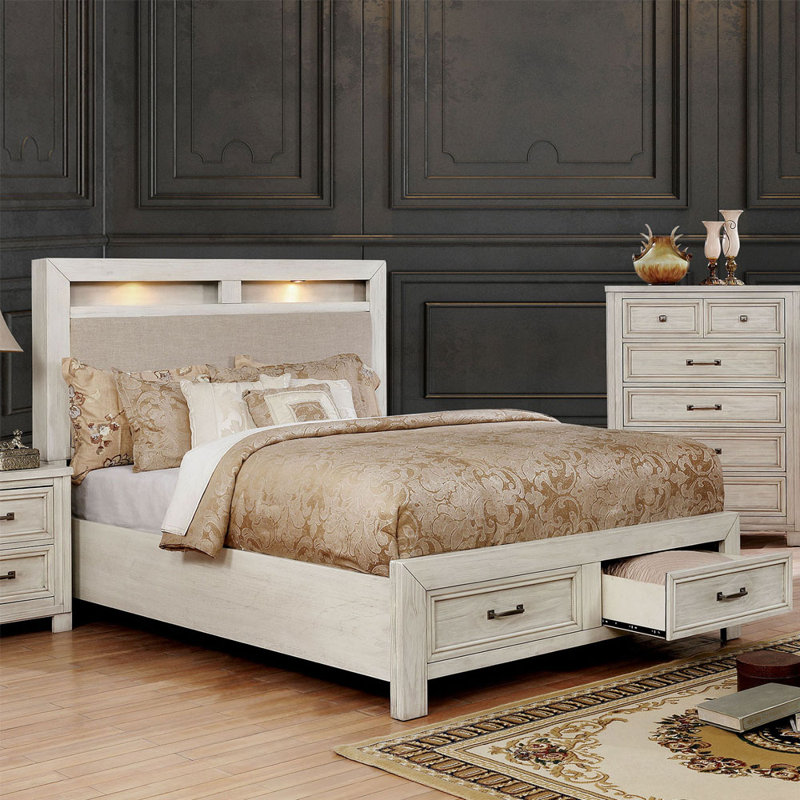 Lit plateforme tapissier avec rangement Caitlyn, Très grand, Blanc