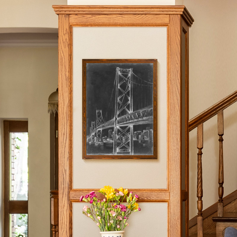 Pont de suspension blueprint ii-reproduction de peinture encadrée, H 32 po x l 44 po x P 1,3 po, Toile avec cadre érable