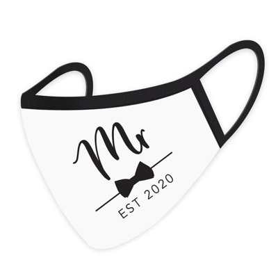 Masque de mariage personnalisé, Mr. Bow-Tie EST. Design, année personnalisée, masques faciaux en tissu blanc avec 1 filtre PM 2,5 remplaçable, paquet de 1