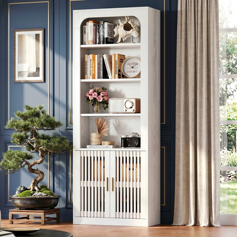Batelion 68"H x 23.6"W Mid Century Modern 6-Tier Storage Bookshelf, White Bookcase with Door Cabinets, White