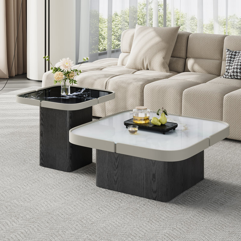 Nesting Tables Set of 2, Square Coffee Table with Black Wood Base, Stone Side Table