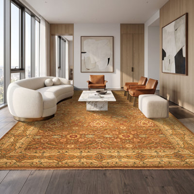 Tapis traditionnel en laine noué à la main Oushak doré 11 pi 9 po x 17 pi 9 po