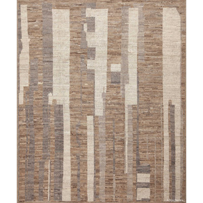 Tapis contemporain moderne à motif géométrique neutre neutre terreux gris / brun / crème One-of-a-Kind