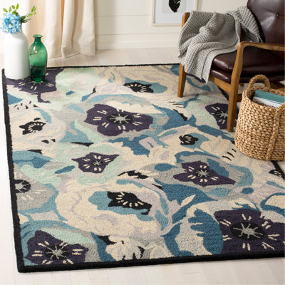 Tapis bleu / gris / beige en laine touffeté à la main Floral