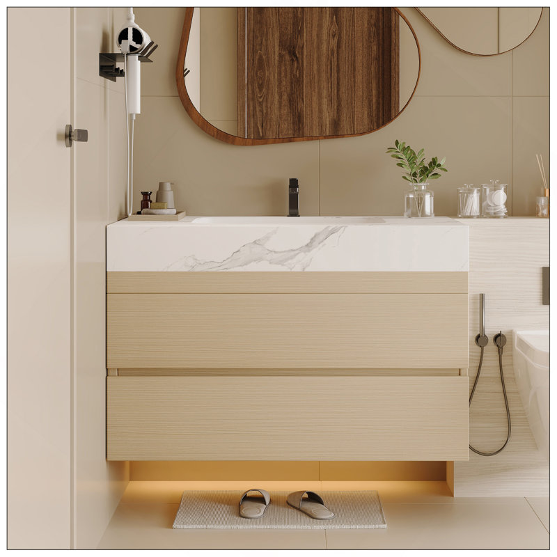 Meuble-lavabo flottant moderne 29,9 po avec comptoir en faux marbre et lavabo encastré en céramique, fixation murale pour petites salles de bain et appartements
