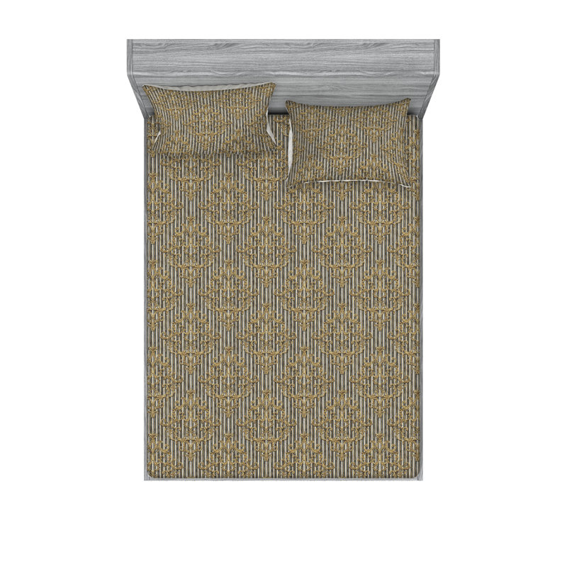 Ambesonne Fitted Sheet & Shams, Mustard/Dark Gray Floral, King Sheet Set with 2 Pillowcases