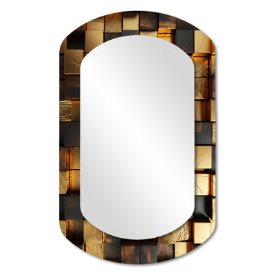 Cubes abstraits noirs et dorés I - décor de miroir mural unique cylindrique géométrique, grand miroir asymétrique doré, impression d'art en métal