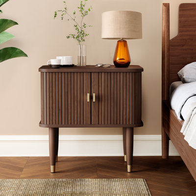 Mid-Century Walnut Nightstand Luxury Dark Walnut Veneer Bedside Table with Brass Accents and Sliding Tambour Doors