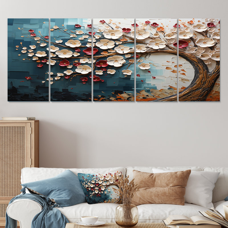 Arbre de fleur rouge et or au clair de lune beauté VI - arbre, art mural 5 pièces, H 32 po x l 80 po