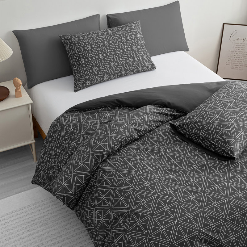 Soft Touch Reversible Duvet Cover  with Secure Zipper & Corner Ties, Grey, Double Duvet Cover + 2 Standard Pillowcases