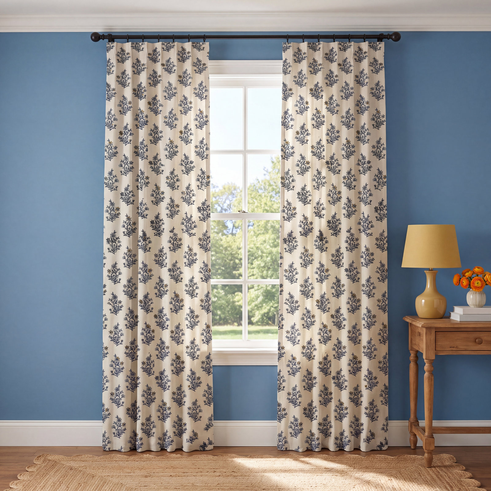 Nichols Floral Double-Lined Pleated Curtain, 33" W x 96" L, Blue