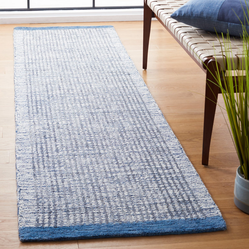 Tapis en laine / coton touffeté à la main Baer en ivoire / bleu, Tapis de couloir 2 pi 3 po x 9 pi
