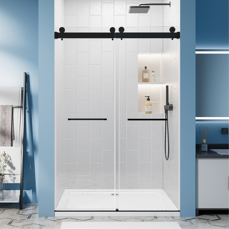 56"-60" W X 76" H Frameless Double Sliding Shower Door, Soft-Close Matte Black Shower Screen, 5/16" (8Mm) Clear Tempered Glass With Explosion-Proof Film, Dual Stainless Steel Door Handles