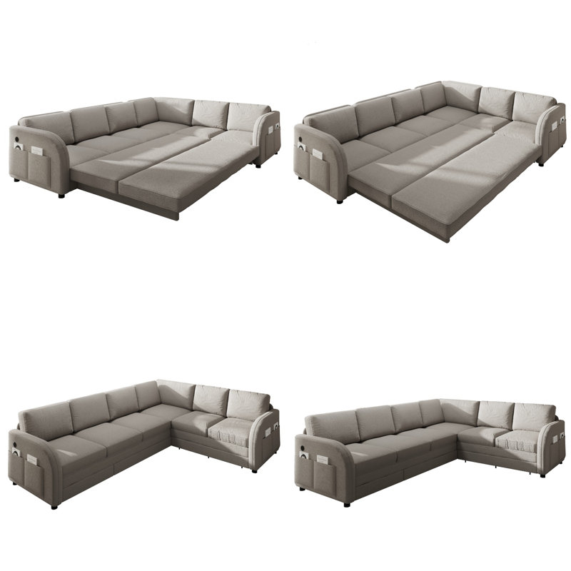 115.2" L-Shaped Sofa Couch with Pull-Out Bed, Oversize 6-Seater Convertible Sleeper Sectional Sofa with Teddy Upholstered, Left/Right Facing, Side Pockets & USB Ports