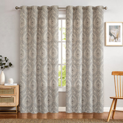 Rideaux obscurcissant à motif de médaillon rétro à motif de médaillon rétro pour chambre à coucher gris sur fond gris