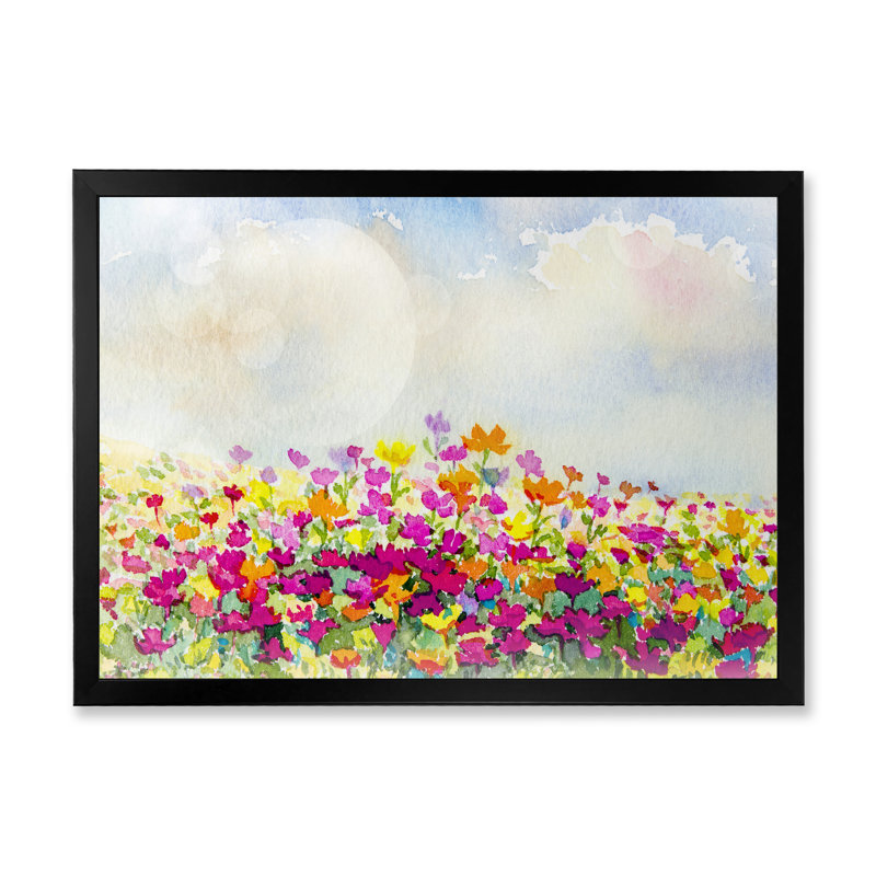 «Pink and Yellow Blooming Flowers Field», reproduction sur toile flottante, Cadre noir, H 8 po x l 12 po x P 1 po