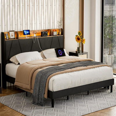 Latitude Run® King Bed Frame with Charging Station & Storage Shelf, Upholstered LED Platform Bed Frame, Solid Wood Slats, No Box Spring Needed, Black