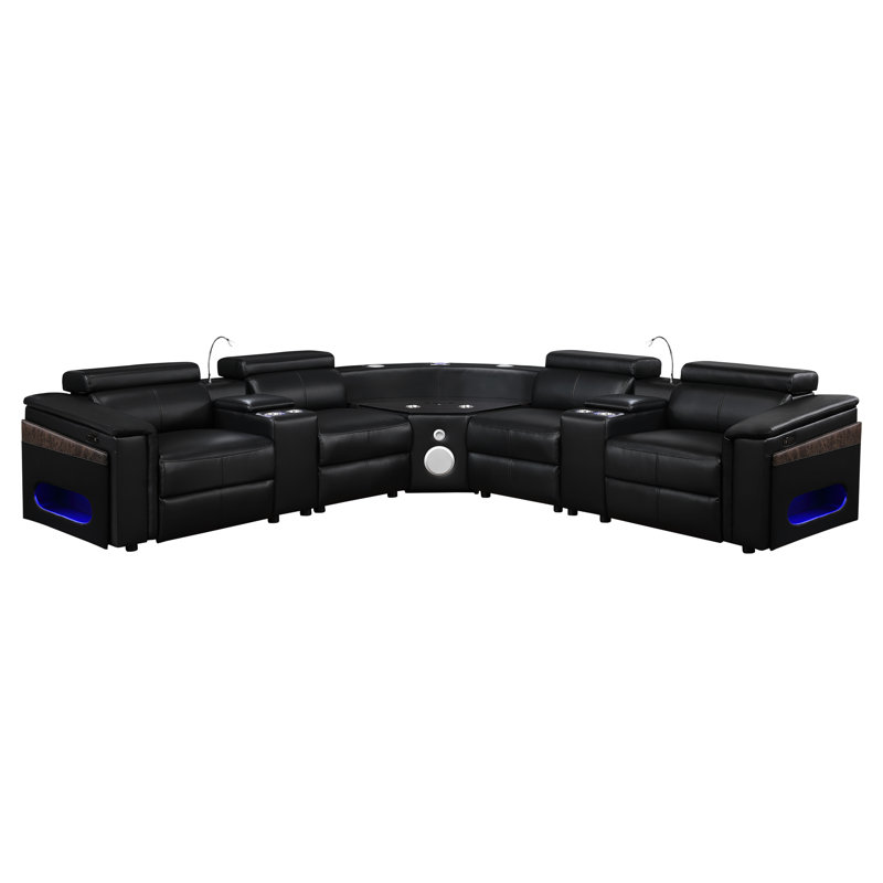 Canapé modulaire en forme de L à quatre places avec 2 sièges électriques, 2 appuie-têtes réglables manuellement, un tapis de recharge sans fil, des ports, un haut-parleur, une barre de levage à DEL et des accoudoirs modernes avec consoles noires
