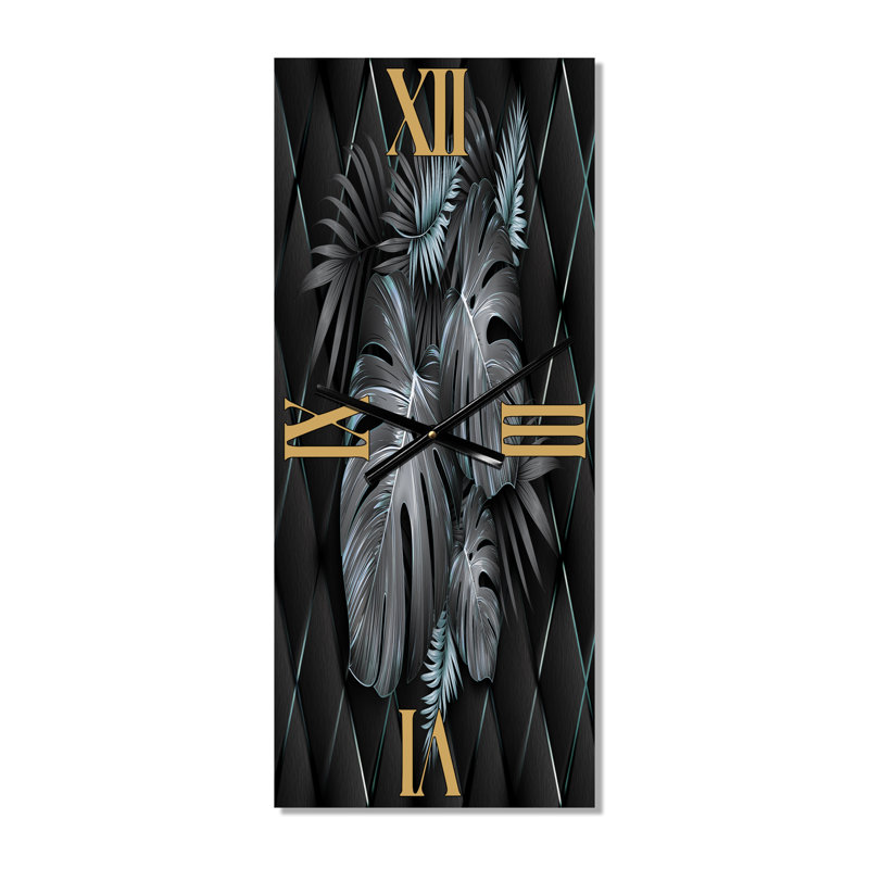 Horloge murale moderne - Feuilles tropicales noires et dorées I, Grand