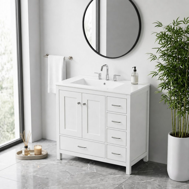 Ensemble de meuble-lavabo simple autoportant avec 5 tiroirs, Blanc