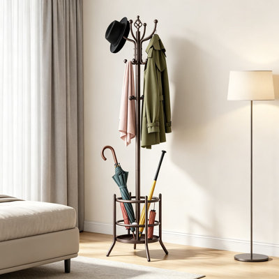 Porte-manteau avec support pour parapluies, porte-manteau autoportant avec crochets, porte-manteau d'entrée avec panier de rangement pour chapeaux, sacs et parapluies, arbre à vêtements en métal robuste pour chambre, bureau et vestibule