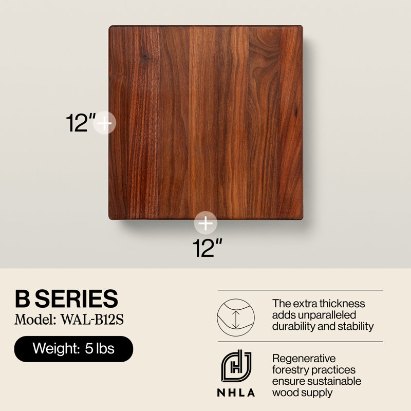 Gift 1.5" Edge Grain Walnut 12" Square Cutting Board with Wood Feet, 12" W x 12" L