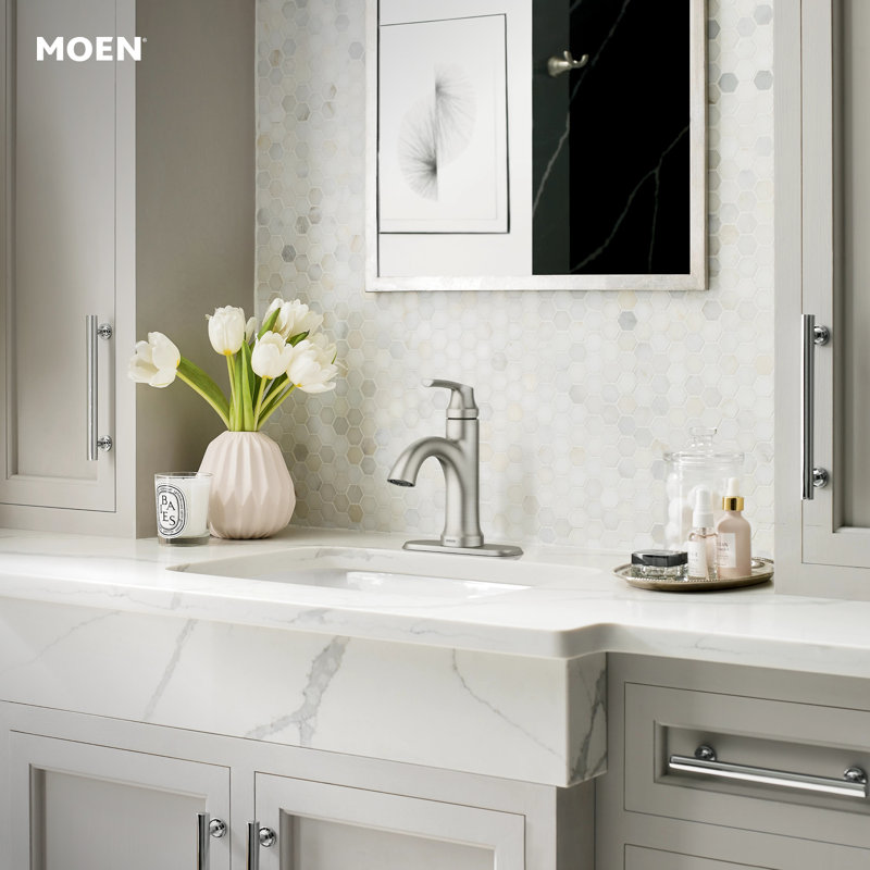 Moen Wellton Single Hole Bathroom Faucet with Drain Assembly, Optional Deckplate Included