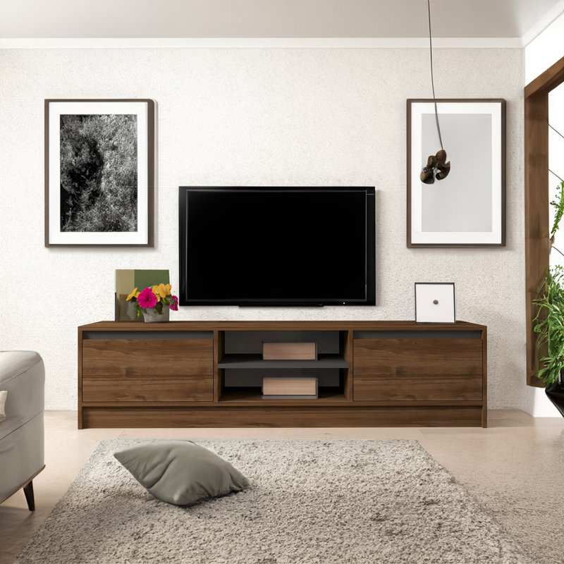 Meuble télé élégant, noyer et anthracite, 70,9 po x 17,7 po x 15,7 po | 100% panneau de particules enduit de mélamine, épaisseur: 0,7 pouce | Pieds en plastique durable, design moderne pour le salon et les espaces de divertissement, solution de rangement élégante et fonctionnelle