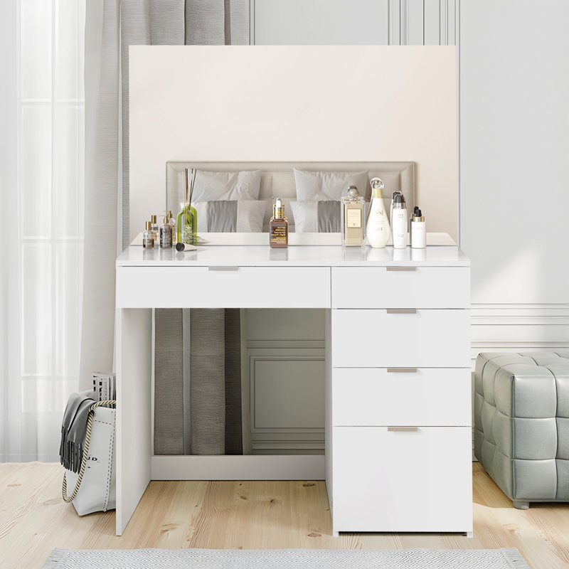 Coiffeuse de maquillage avec 5 tiroirs, coiffeuse moderne avec rangement pour chambre ou salle de bain