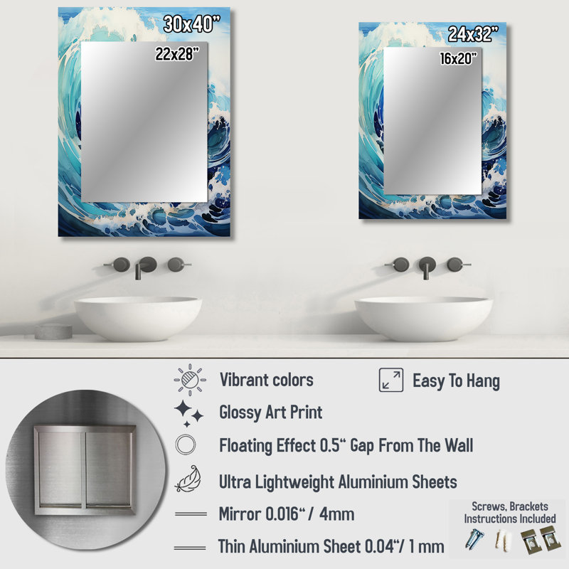 Blue Wave Ocean Storm - grand miroir mural, miroir décoratif bleu, impression d'art en métal, 32 po x 24 po