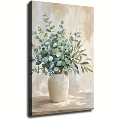 Branche de feuille d'eucalyptus en céramique blanc cassé rustique en bois neutre, impression murale sur toile, art mural plat, maison de campagne minimaliste, salon, décoration, peinture