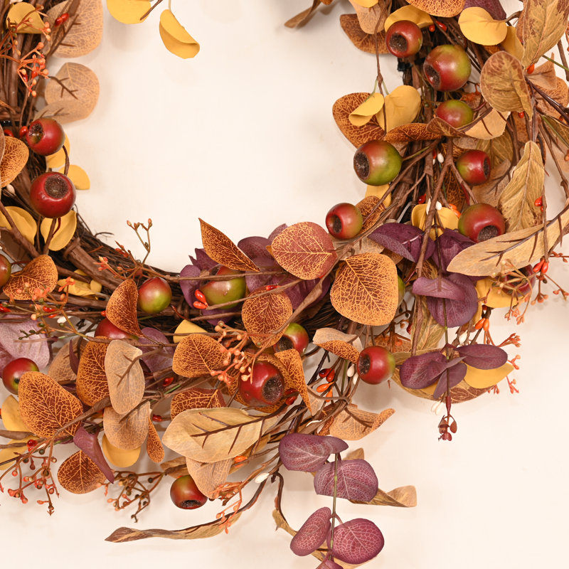 Couronne d'automne artificielle 26 po avec eucalyptus multi-tons, couronne de campagne rustique de l'Action de grâce pour la porte d'entrée