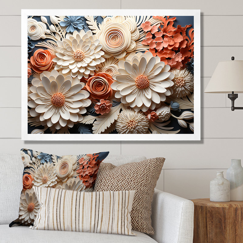 Pêche et corail blanc I - art botanique abstrait, H 34 po x l 44 po x P 1,5 po, Cadre blanc